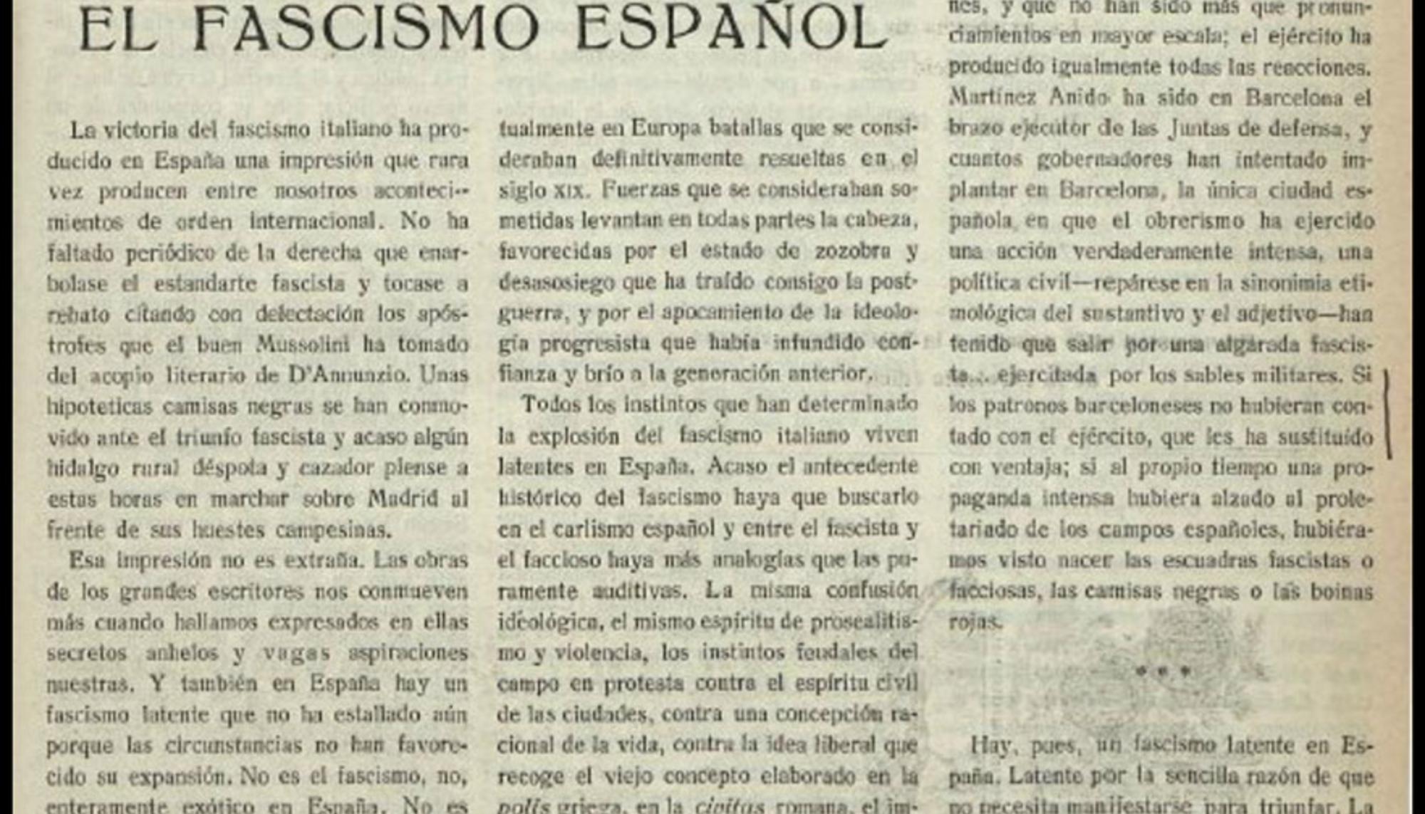 El editorial "El fascismo español" publicado por el semanario "España" el 4 de noviembre de 1922.