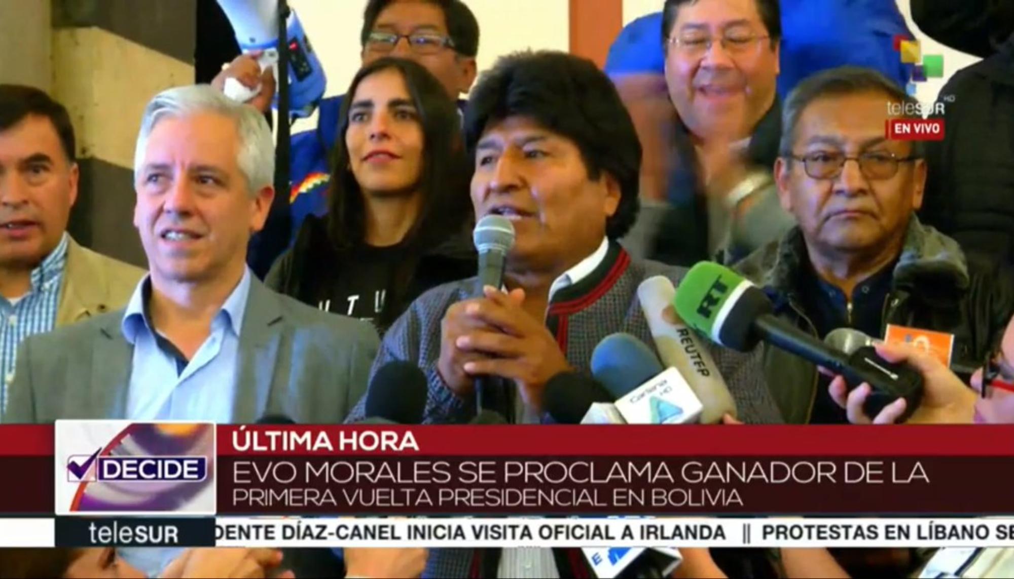 Evo Morales proclama el triunfo electoral en elecciones de Bolivia de octubre de 2019.