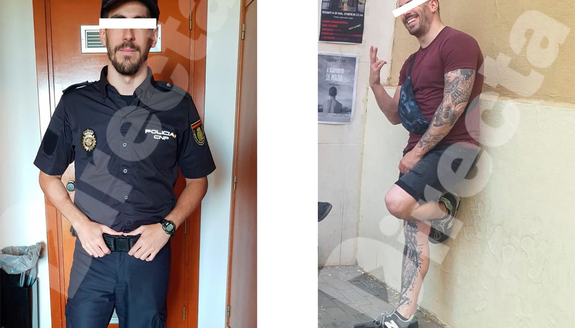 A la izquierda, el agente D.H.P. durante su paso por la escuela de policía de Ávila. En la imagen de la derecha se pueden apreciar los tatuajes que se realizó entre 2020 y 2021.