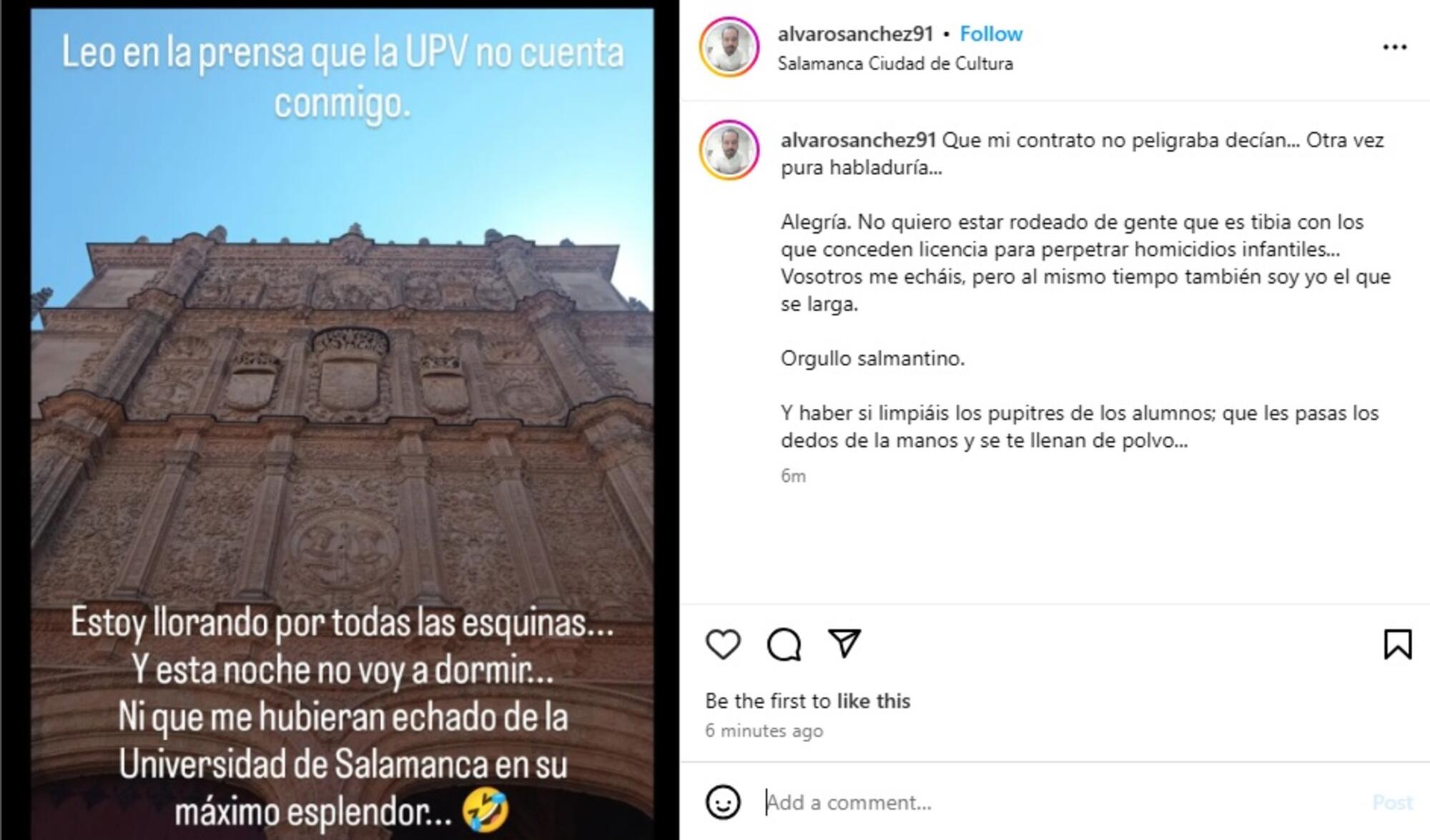 Reacción de Álvaro Sánchez en su Instagram tras el despido de la UPV/EHU