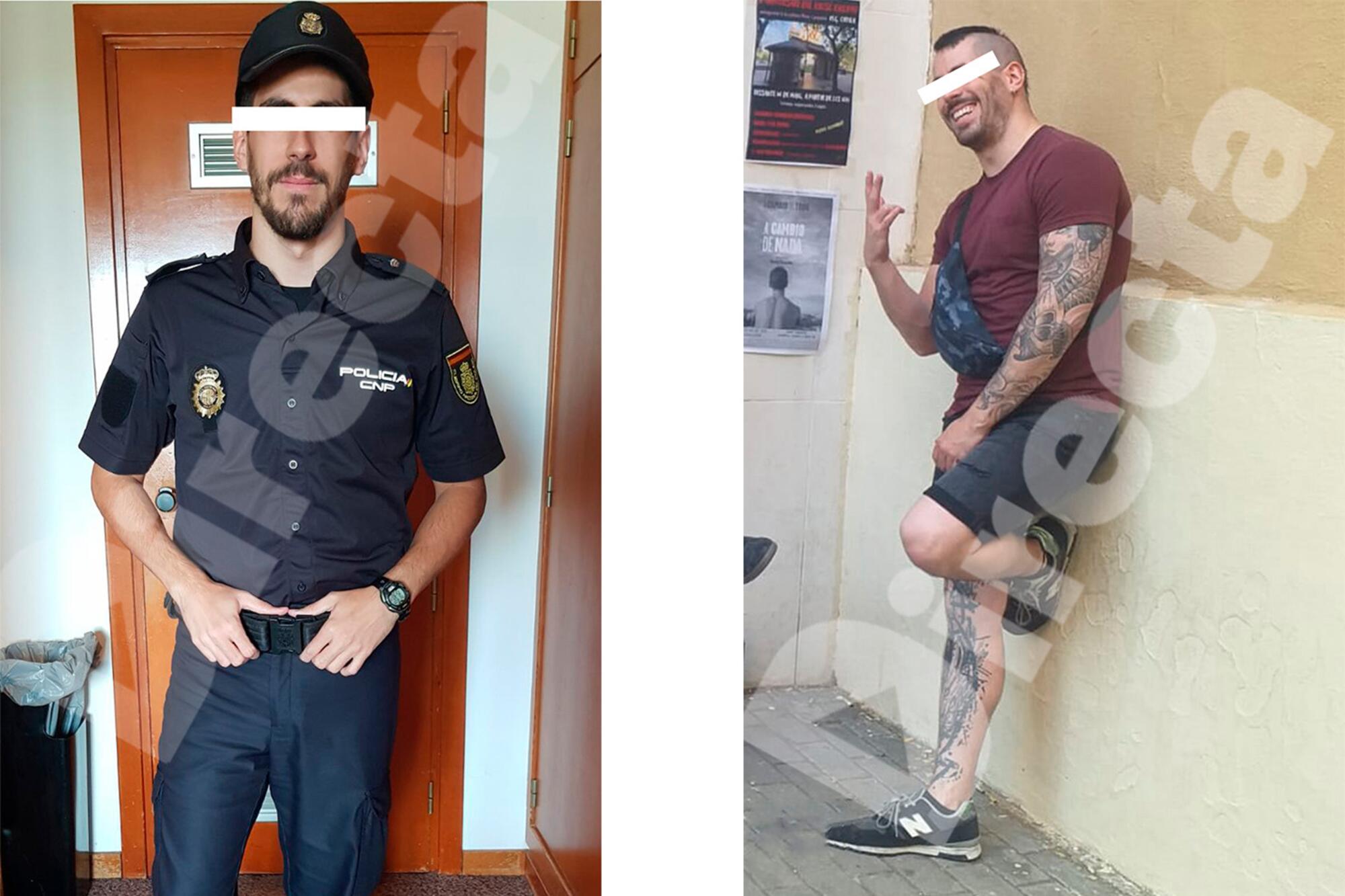 A la izquierda, el agente D.H.P. durante su paso por la escuela de policía de Ávila. En la imagen de la derecha se pueden apreciar los tatuajes que se realizó entre 2020 y 2021.