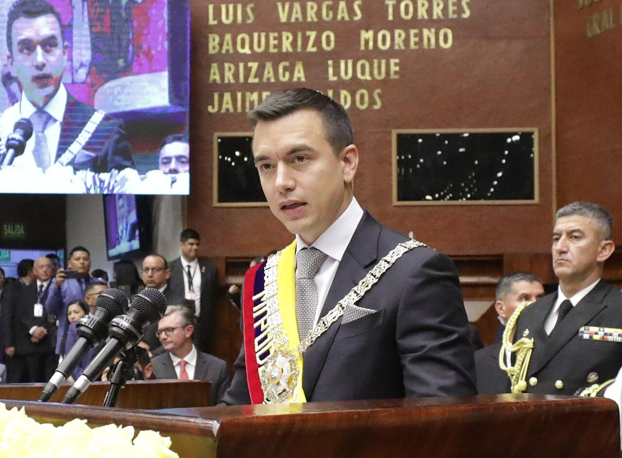 Daniel Noboa, presidente de Ecuador, el 23 de noviembre de 2023 en la ceremonia de trasmisión del mando.